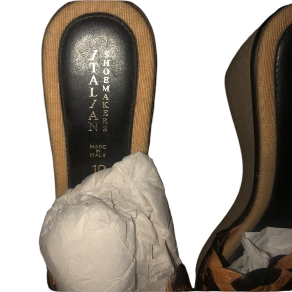 Italian Shoemakers size 10 black &Tan braided leather open toe wedge